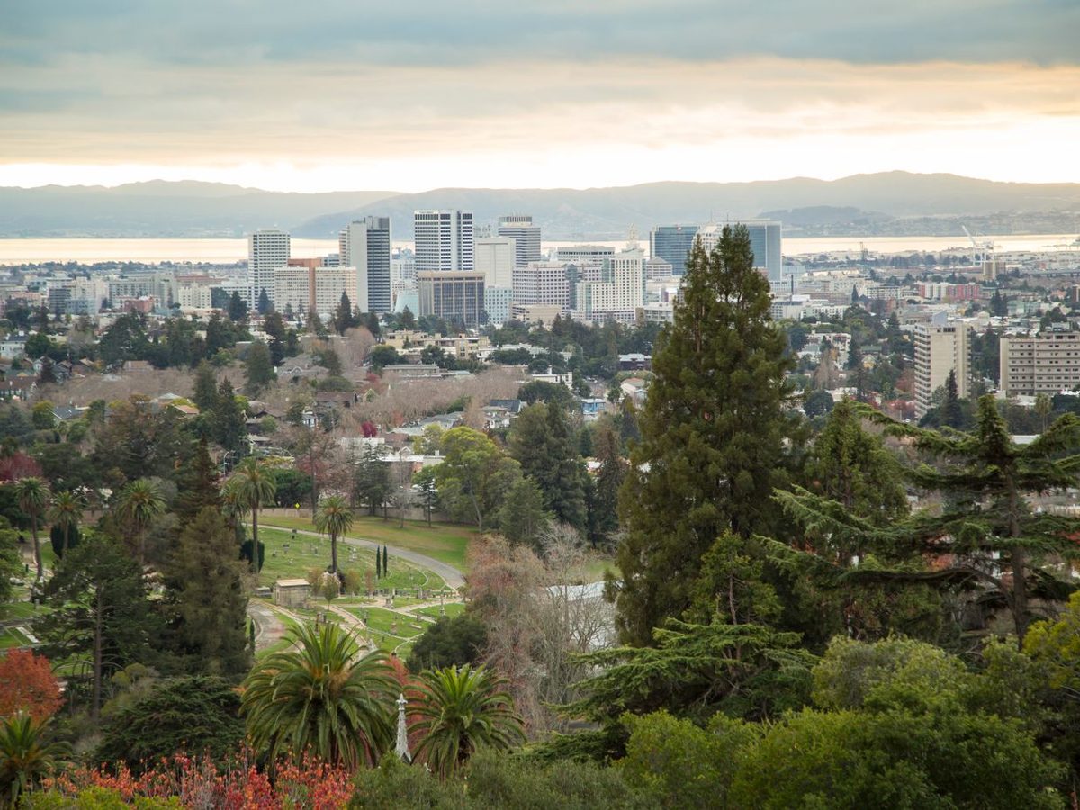 The Oakland skyline with the bay behind it